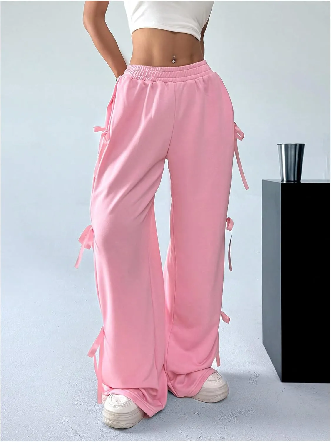 SHENHE Women's Wide Leg Baggy Sweatpants Elastic Waist Tie Bow Pants Loose Long Pants