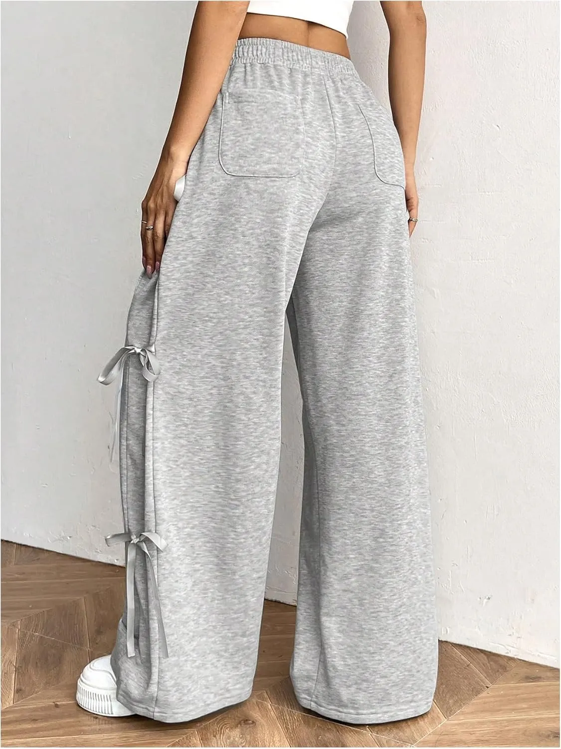 SHENHE Women's Wide Leg Baggy Sweatpants Elastic Waist Tie Bow Pants Loose Long Pants