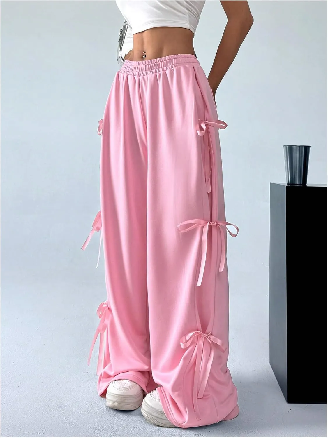SHENHE Women's Wide Leg Baggy Sweatpants Elastic Waist Tie Bow Pants Loose Long Pants