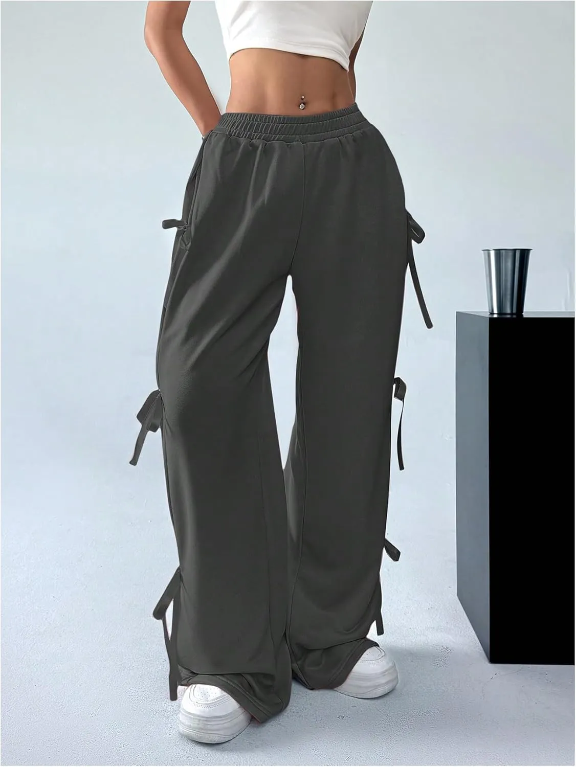 SHENHE Women's Wide Leg Baggy Sweatpants Elastic Waist Tie Bow Pants Loose Long Pants