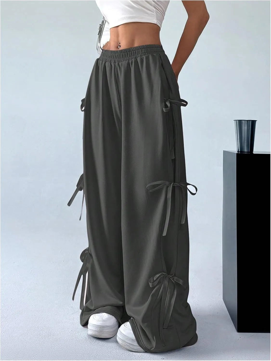 SHENHE Women's Wide Leg Baggy Sweatpants Elastic Waist Tie Bow Pants Loose Long Pants