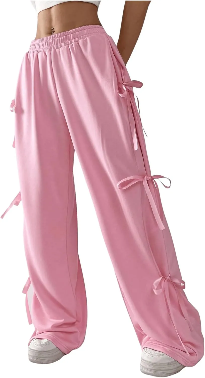 SHENHE Women's Wide Leg Baggy Sweatpants Elastic Waist Tie Bow Pants Loose Long Pants