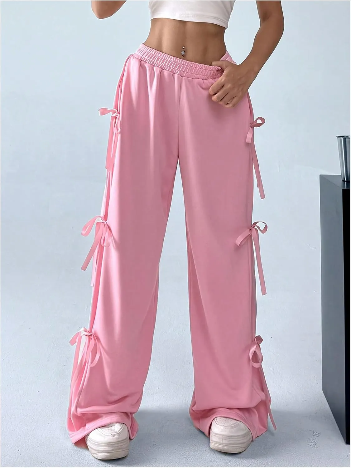 SHENHE Women's Wide Leg Baggy Sweatpants Elastic Waist Tie Bow Pants Loose Long Pants