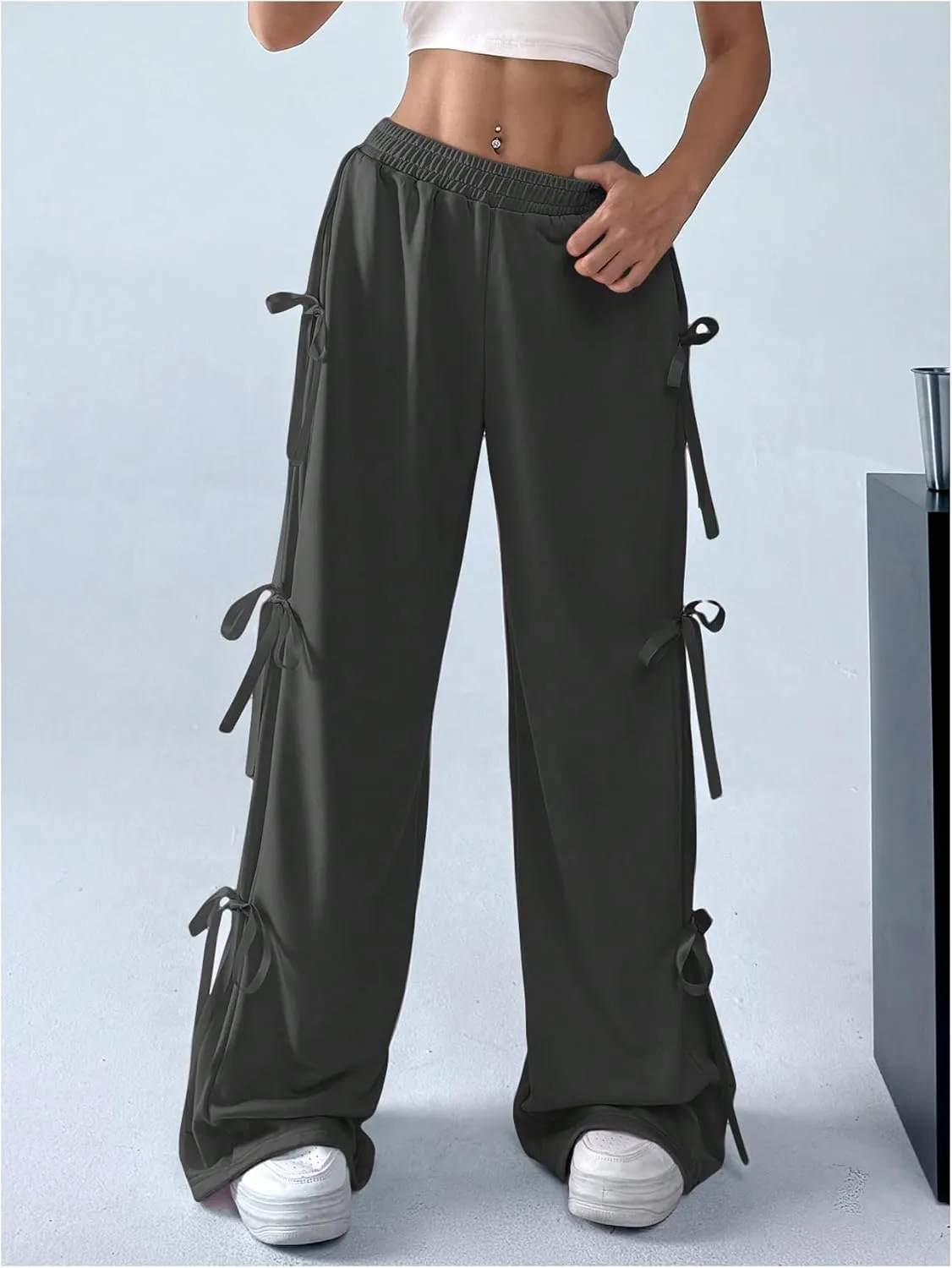 SHENHE Women's Wide Leg Baggy Sweatpants Elastic Waist Tie Bow Pants Loose Long Pants