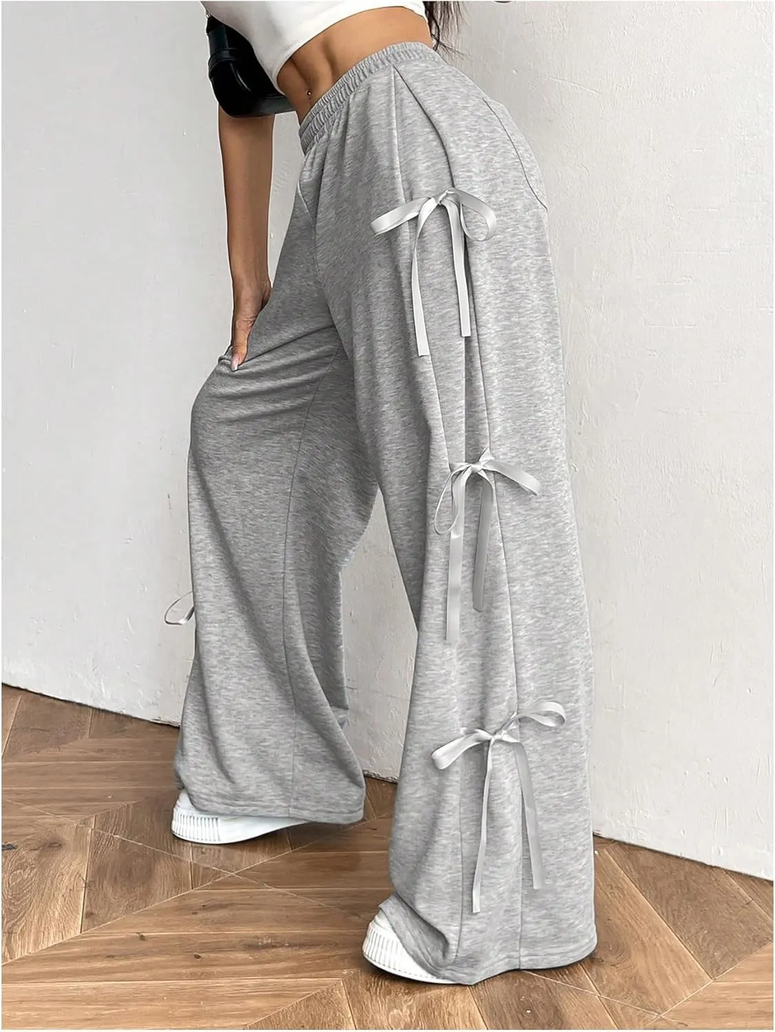 SHENHE Women's Wide Leg Baggy Sweatpants Elastic Waist Tie Bow Pants Loose Long Pants