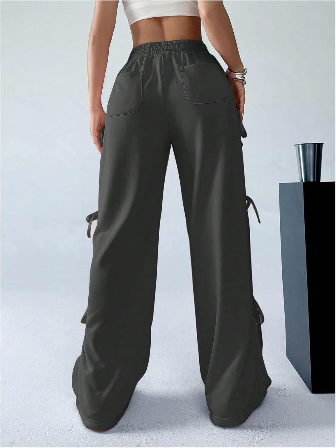 SHENHE Women's Wide Leg Baggy Sweatpants Elastic Waist Tie Bow Pants Loose Long Pants