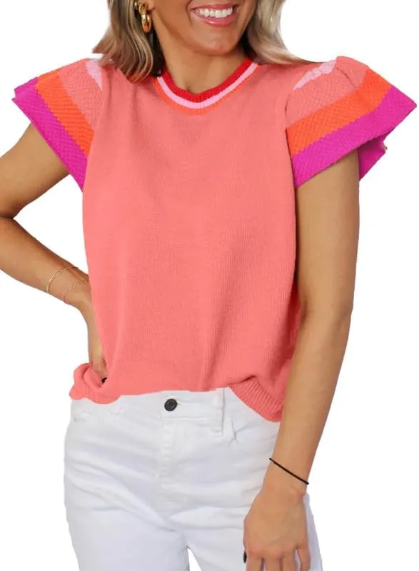 SHEWIN Womens Summer Cap Sleeve Tops Casual Crewneck Loose Fit Knit Lightweight Sweater Pullover Top