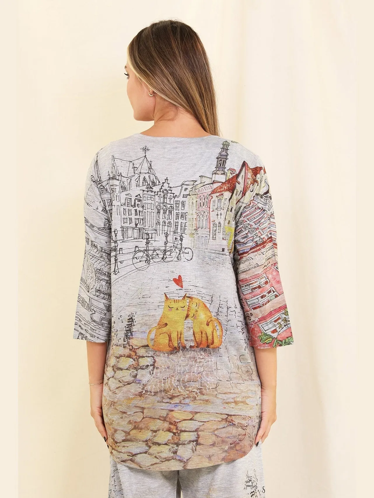 Shirt  Pullover Multicolored Bicycle & Cats Print 3/4 Sleeve Crew Neck Women's T208fp