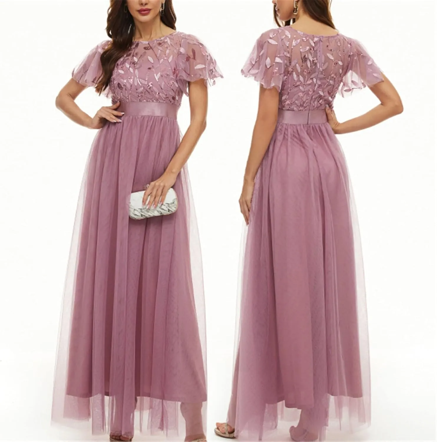Short Sleeve Bridesmaid Dresses for Women Double Layers Tulle Wedding Formal Dress A Line Chiffon Evening Prom Gown 2023
