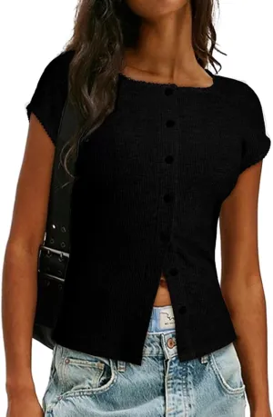 Sidefeel Women's Going Out Tops Summer Short Sleeve Cardigans Button Down Crewneck Lightweight Sweater Knit Tops