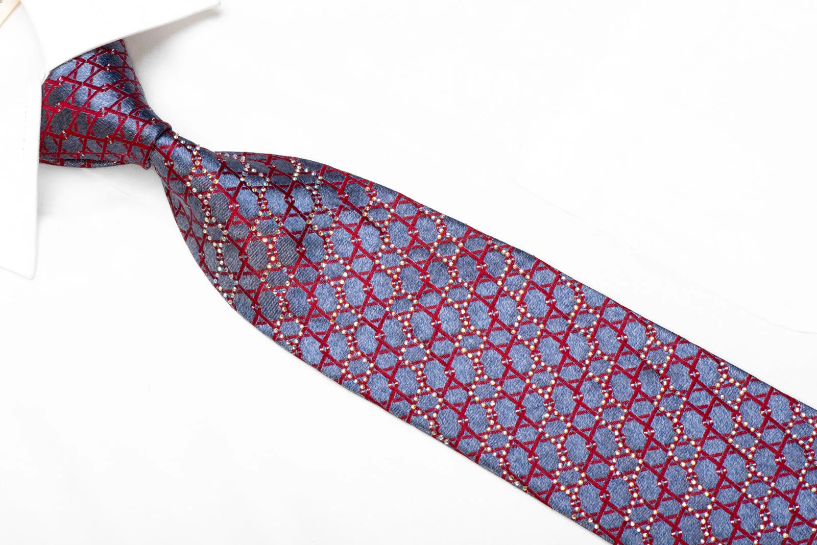 Silk Necktie Burgundy Geometric On Silver Blue With Sparkles