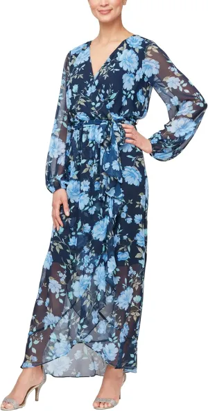 S.L. Fashions Women's Long Sleeve Tulip Overlay Skirt Maxi Dress with Surplice Neckline and Tie Belt