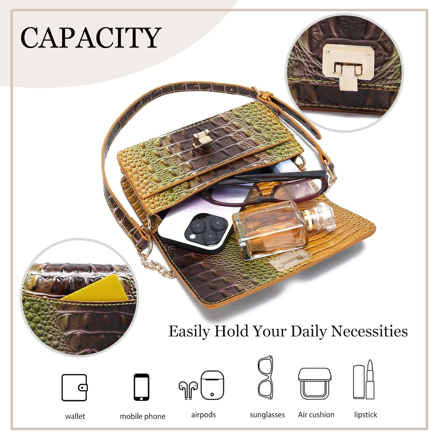 Small Crocodile Crossbody Cell Phone Purse for women Vegan Leather Clutch Wallet with Leather Shoulder Strap