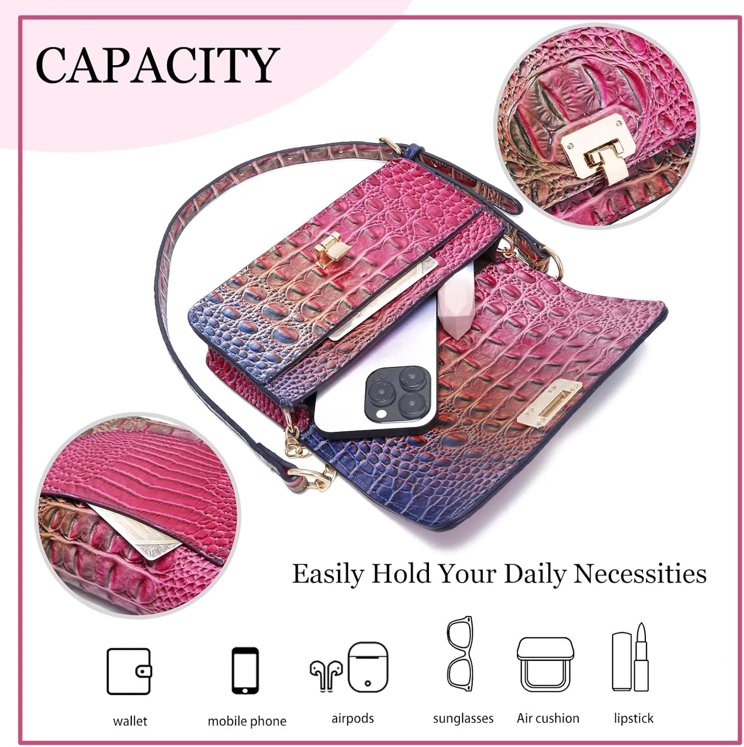 Small Crocodile Crossbody Cell Phone Purse for women Vegan Leather Clutch Wallet with Leather Shoulder Strap