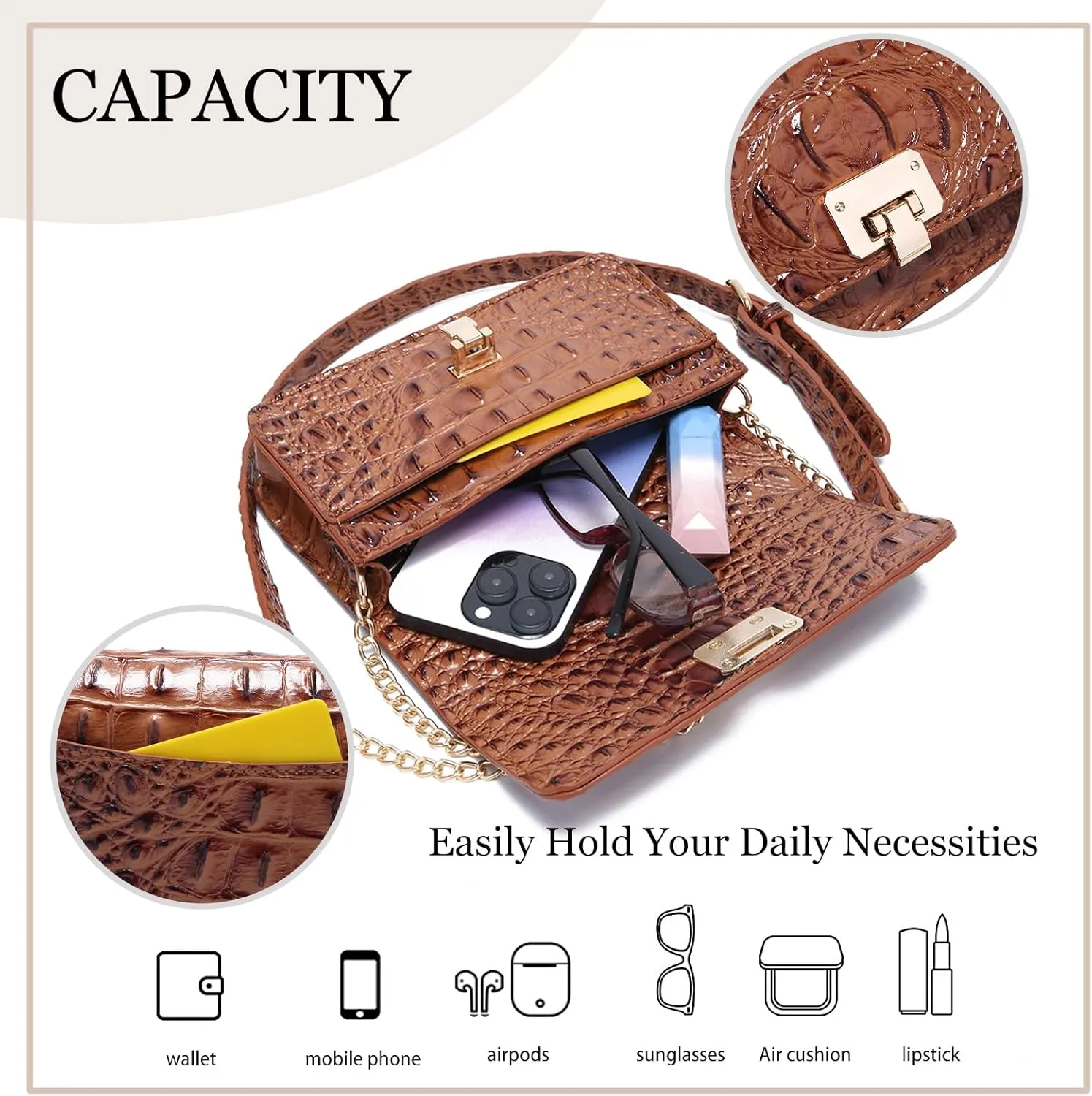 Small Crocodile Crossbody Cell Phone Purse for women Vegan Leather Clutch Wallet with Leather Shoulder Strap