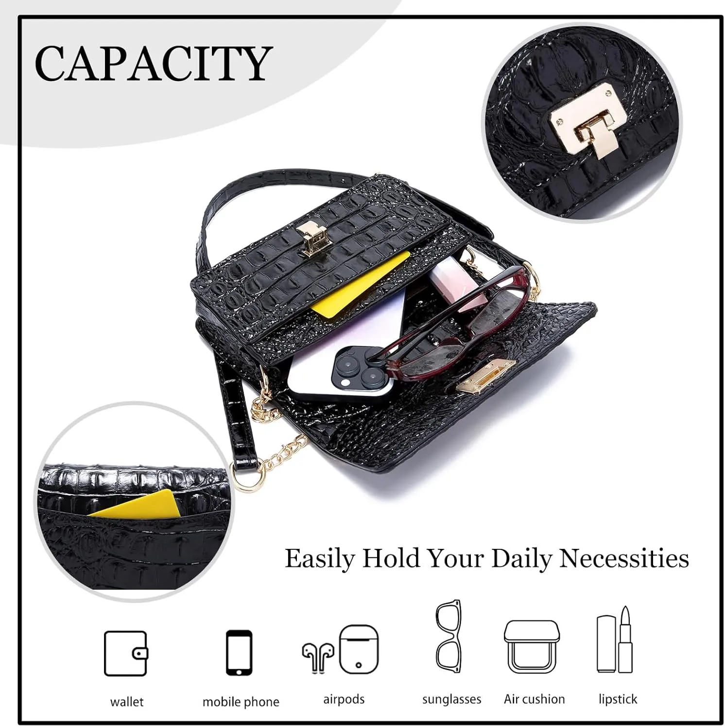 Small Crocodile Crossbody Cell Phone Purse for women Vegan Leather Clutch Wallet with Leather Shoulder Strap