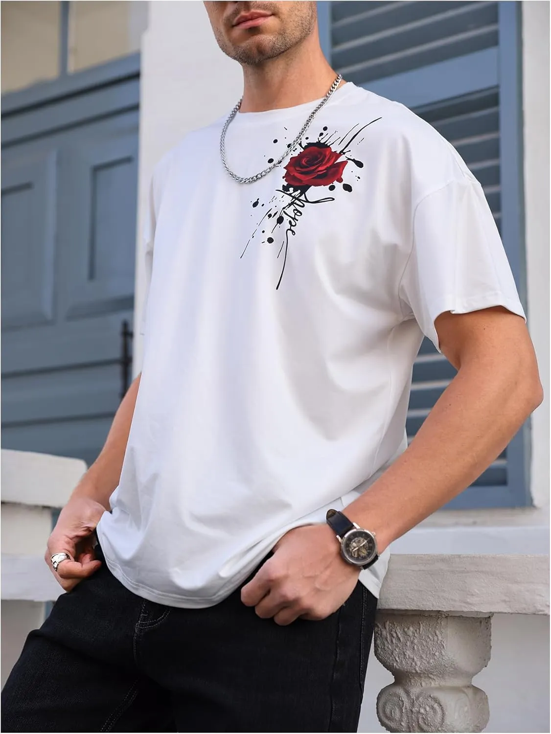 SOLY HUX Men's Rose Print Graphic Tees Oversized T Shirt Summer Tops Casual