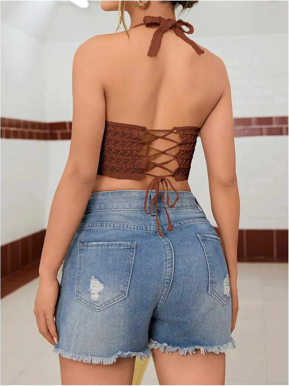 SOLY HUX Womens Crochet Halter Tops Summer Y2K Cute Crop Tops Sexy Knitted Sleeveless Camisole