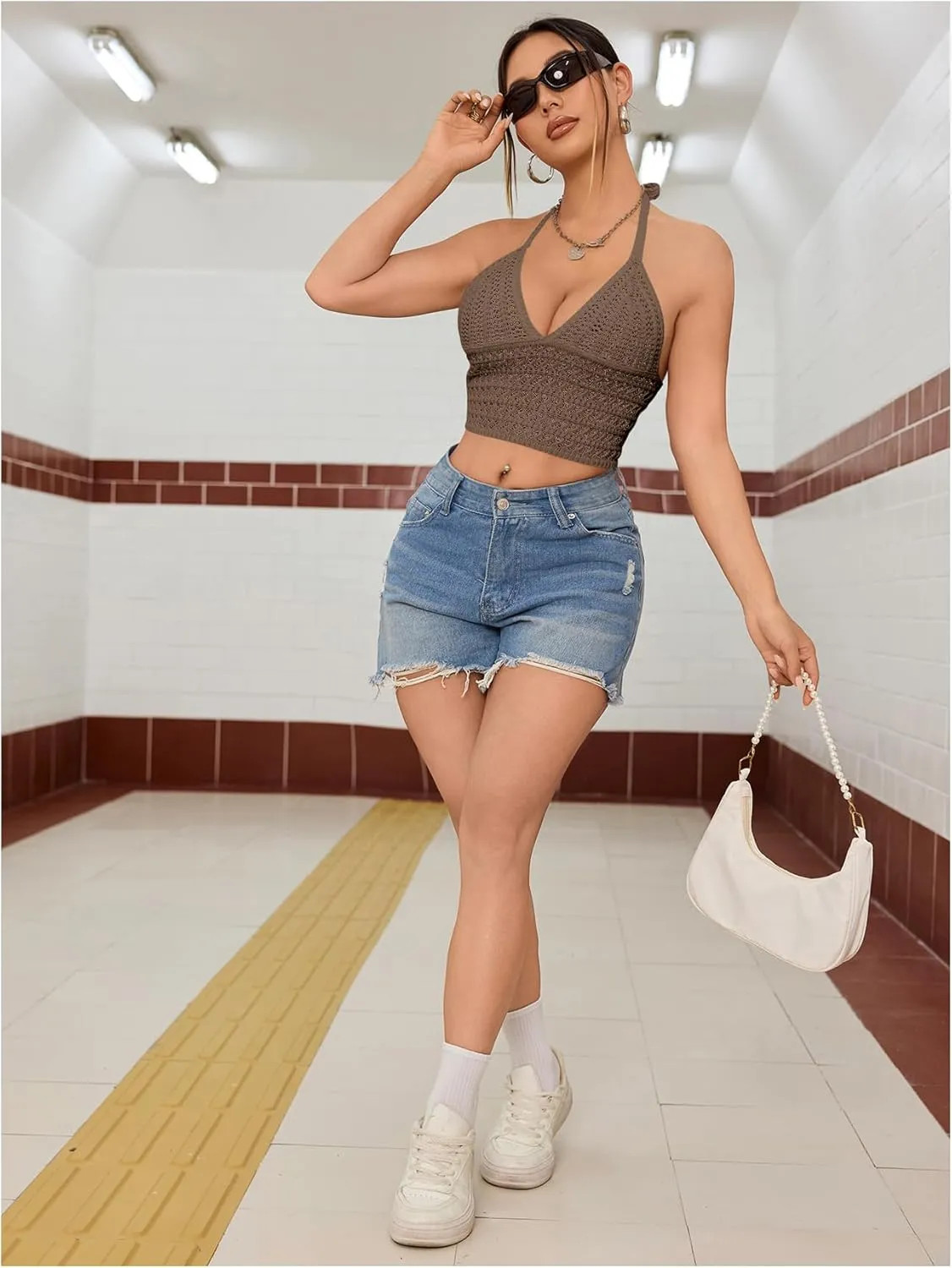 SOLY HUX Womens Crochet Halter Tops Summer Y2K Cute Crop Tops Sexy Knitted Sleeveless Camisole