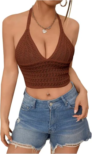 SOLY HUX Womens Crochet Halter Tops Summer Y2K Cute Crop Tops Sexy Knitted Sleeveless Camisole