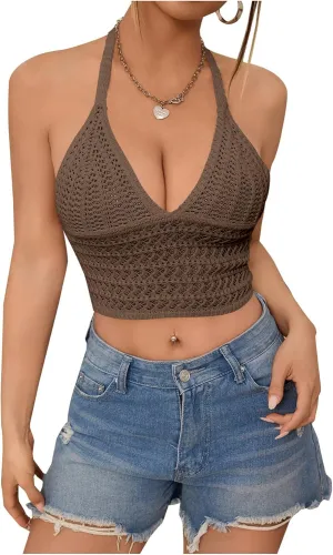 SOLY HUX Womens Crochet Halter Tops Summer Y2K Cute Crop Tops Sexy Knitted Sleeveless Camisole