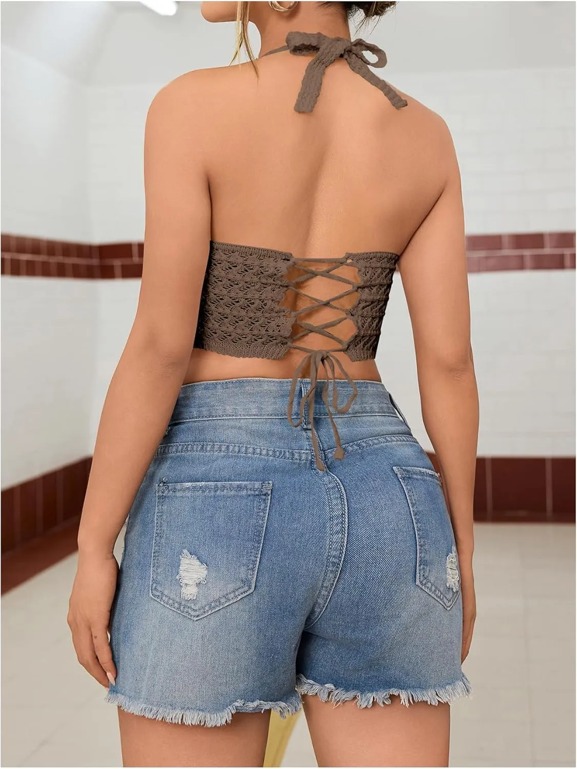 SOLY HUX Womens Crochet Halter Tops Summer Y2K Cute Crop Tops Sexy Knitted Sleeveless Camisole