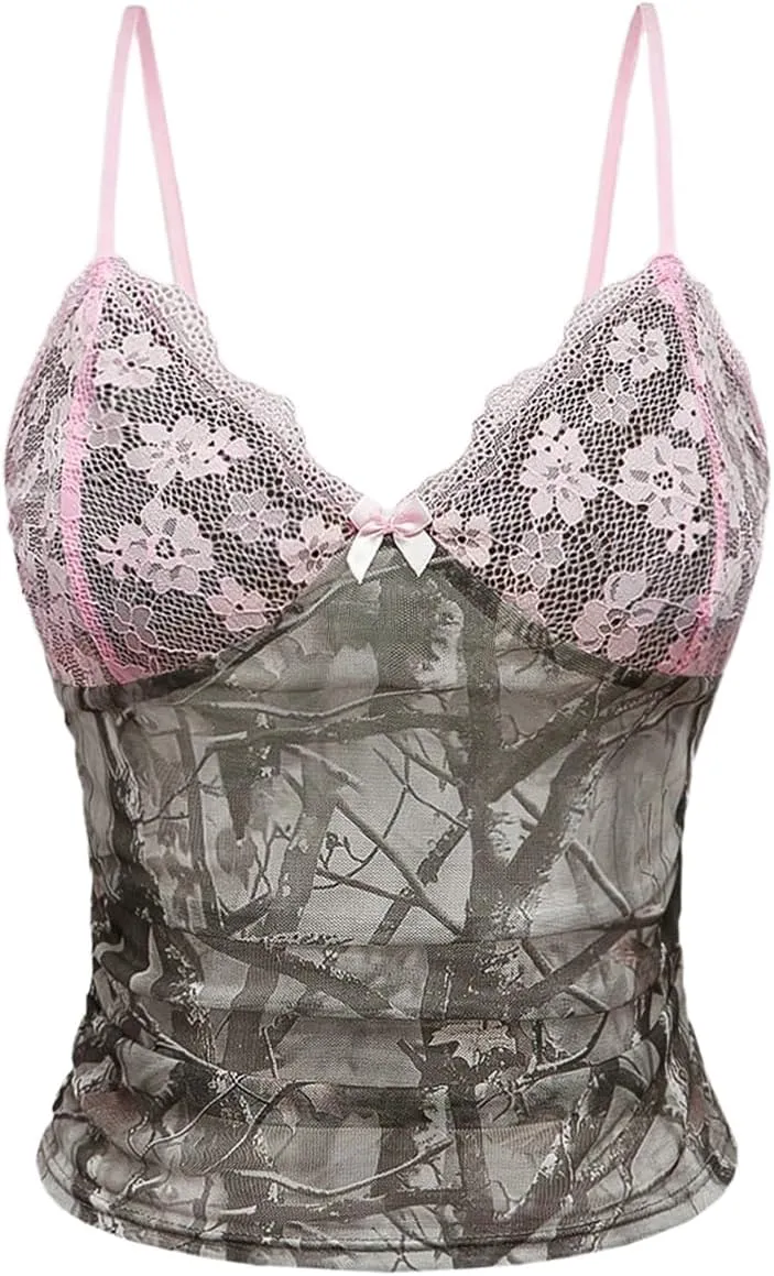SOLY HUX Women's Lace Camo Print Camisole Tops V Neck Spaghetti Strap Y2k Crop Tops