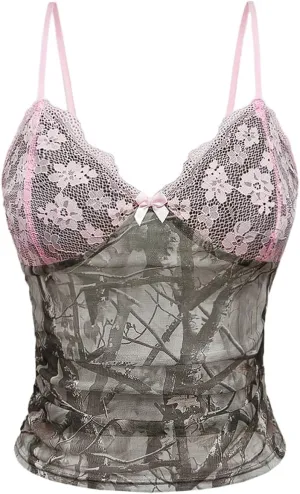SOLY HUX Women's Lace Camo Print Camisole Tops V Neck Spaghetti Strap Y2k Crop Tops