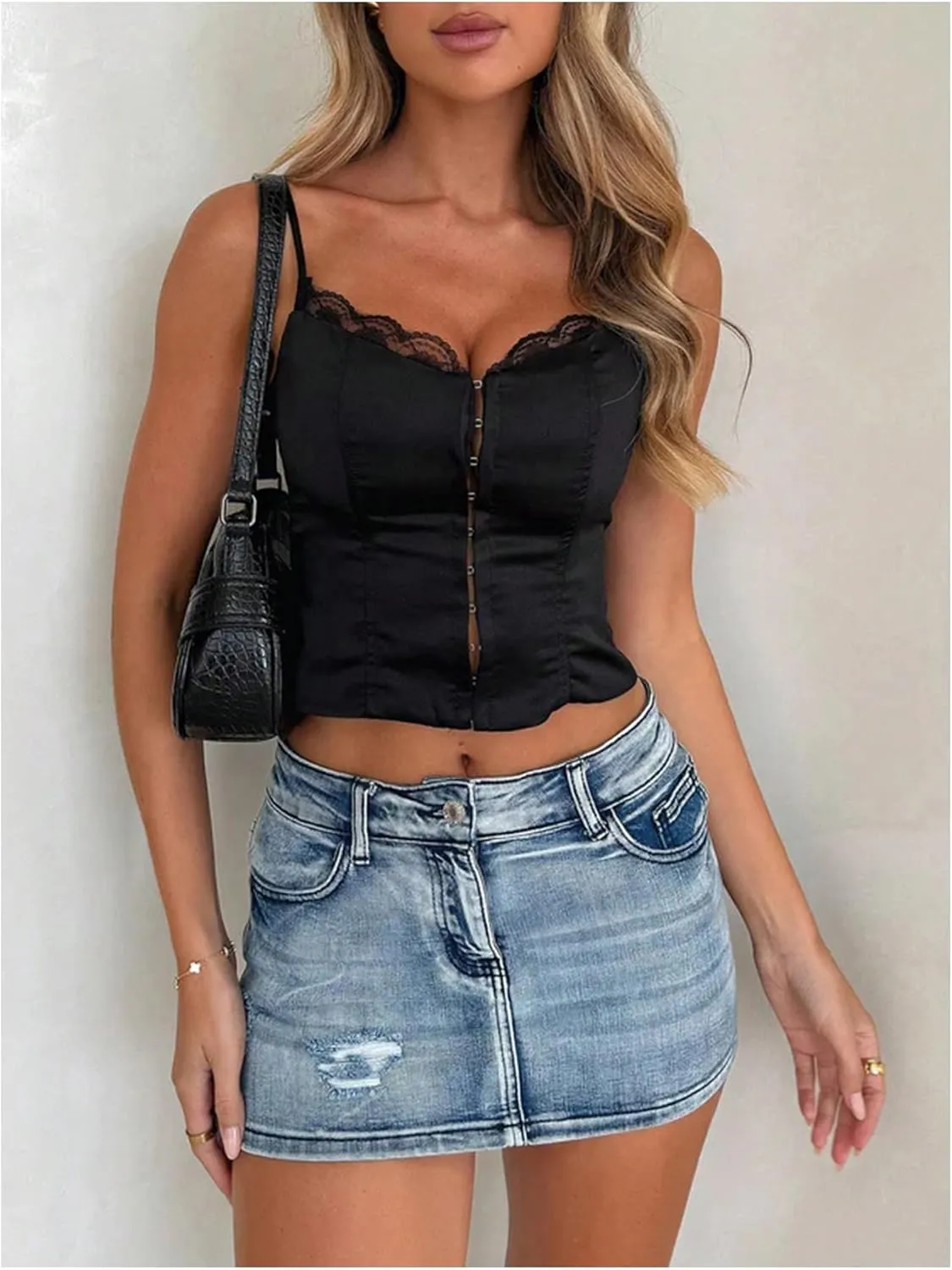 SOLY HUX Women's Lace Trim Camisole Tops Spaghetti Strap Slim Fit Party Club Crop Tops