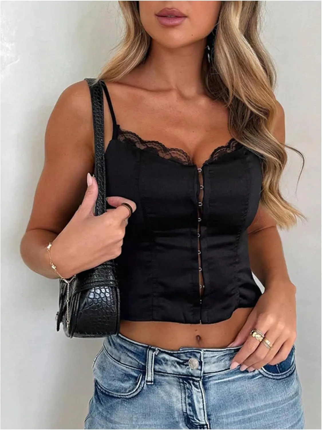SOLY HUX Women's Lace Trim Camisole Tops Spaghetti Strap Slim Fit Party Club Crop Tops