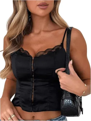 SOLY HUX Women's Lace Trim Camisole Tops Spaghetti Strap Slim Fit Party Club Crop Tops