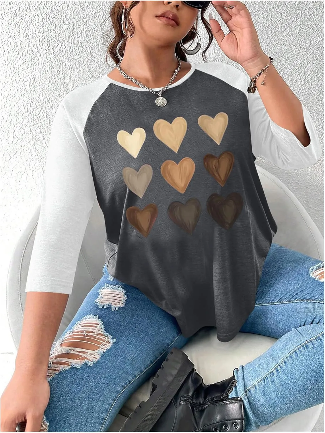SOLY HUX Women's Plus Size Color Block Heart Print T Shirts 3/4 Sleeve Graphic Tees Tops