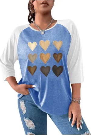SOLY HUX Women's Plus Size Color Block Heart Print T Shirts 3/4 Sleeve Graphic Tees Tops
