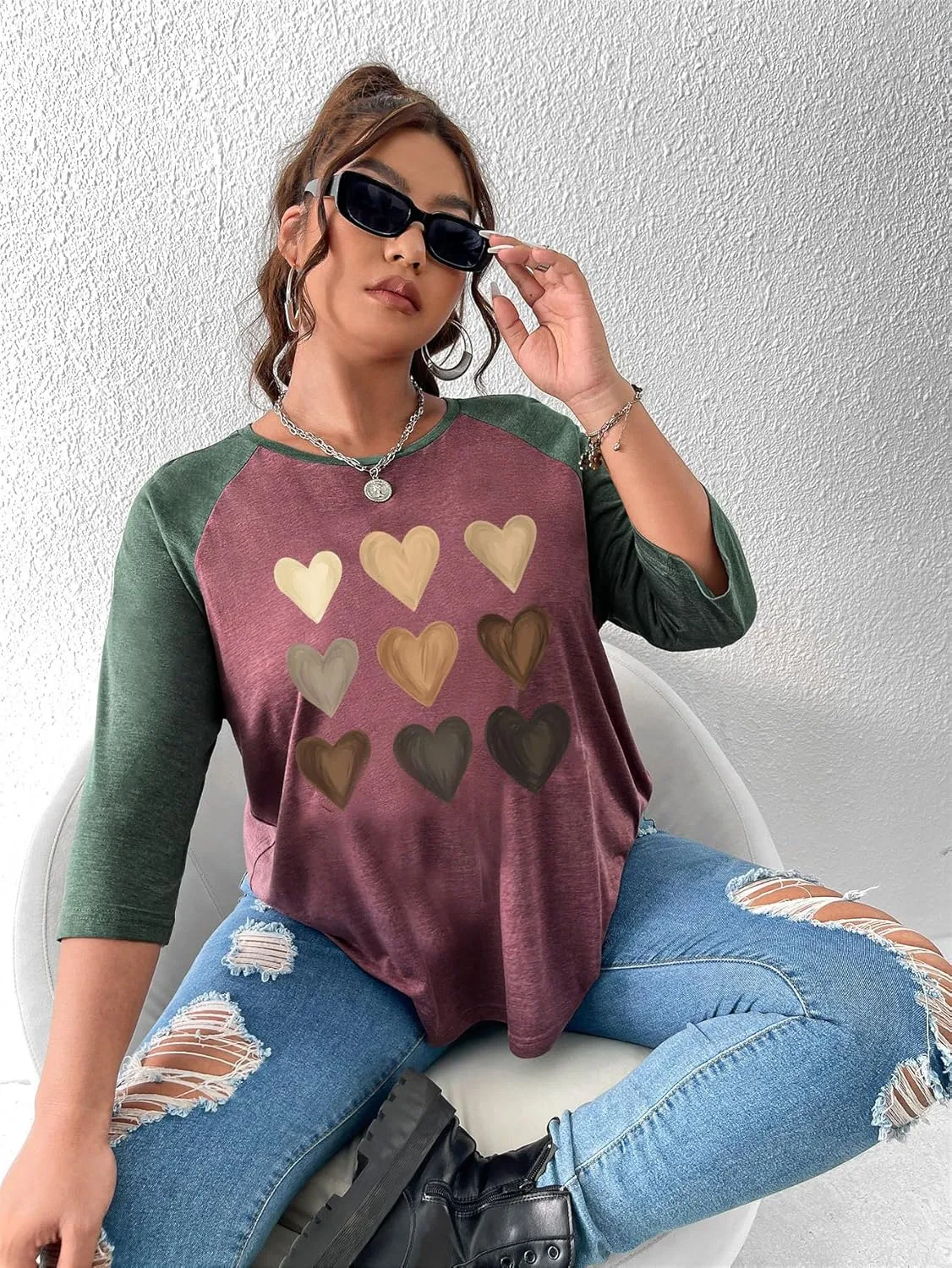 SOLY HUX Women's Plus Size Color Block Heart Print T Shirts 3/4 Sleeve Graphic Tees Tops