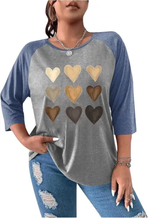 SOLY HUX Women's Plus Size Color Block Heart Print T Shirts 3/4 Sleeve Graphic Tees Tops