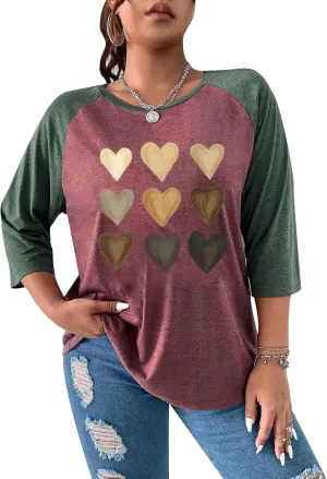 SOLY HUX Women's Plus Size Color Block Heart Print T Shirts 3/4 Sleeve Graphic Tees Tops