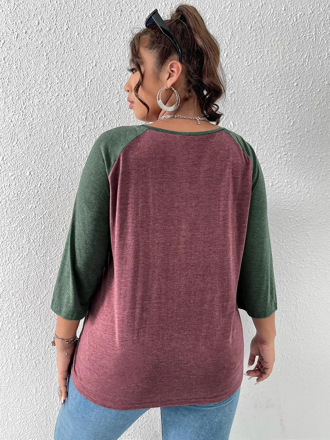 SOLY HUX Women's Plus Size Color Block Heart Print T Shirts 3/4 Sleeve Graphic Tees Tops