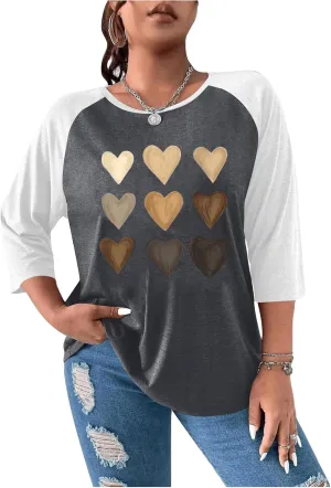SOLY HUX Women's Plus Size Color Block Heart Print T Shirts 3/4 Sleeve Graphic Tees Tops