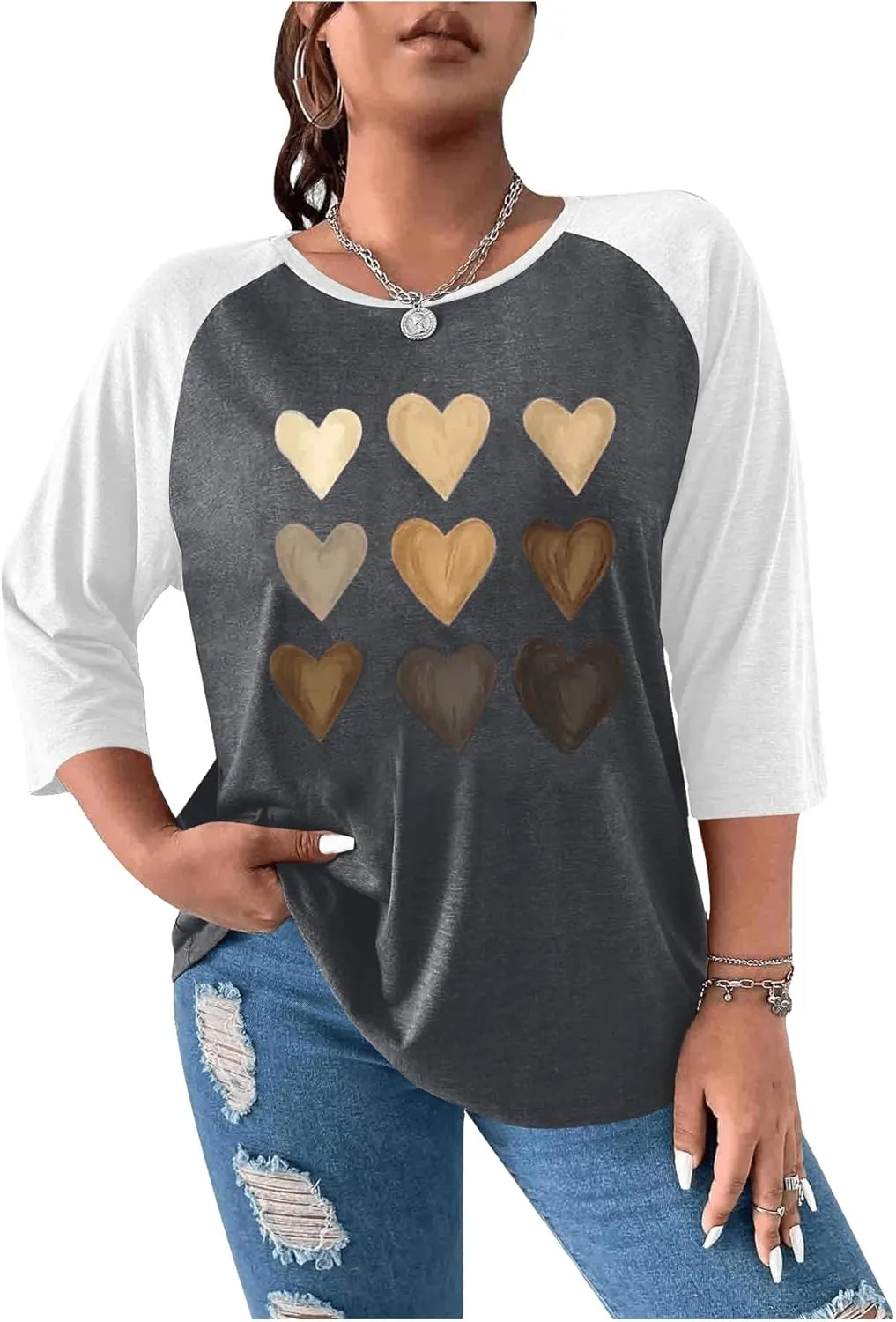 SOLY HUX Women's Plus Size Color Block Heart Print T Shirts 3/4 Sleeve Graphic Tees Tops