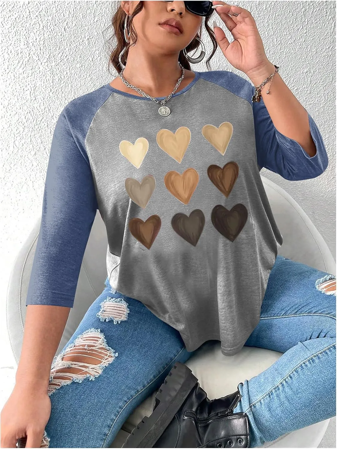 SOLY HUX Women's Plus Size Color Block Heart Print T Shirts 3/4 Sleeve Graphic Tees Tops