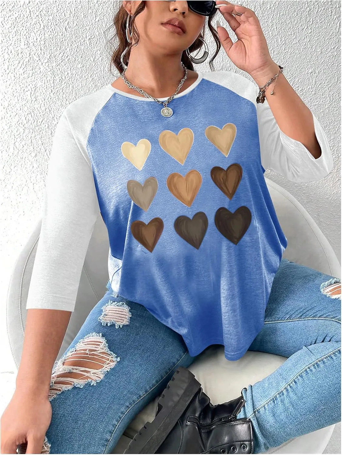 SOLY HUX Women's Plus Size Color Block Heart Print T Shirts 3/4 Sleeve Graphic Tees Tops
