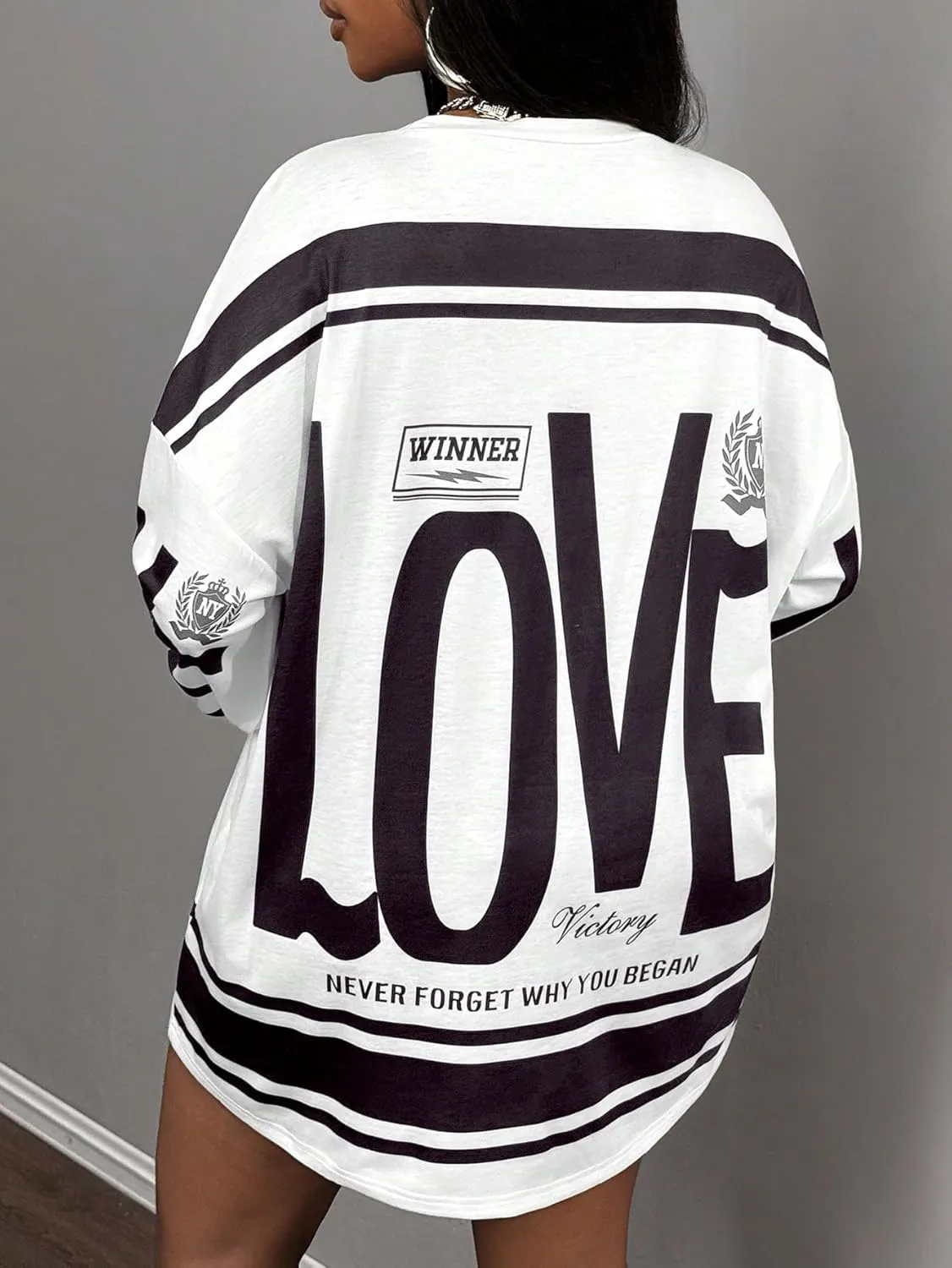 SOLY HUX Women's Retro Oversized T-Shirt Streetwear Long Sleeve Graphic Tees Printed Crewneck Tops