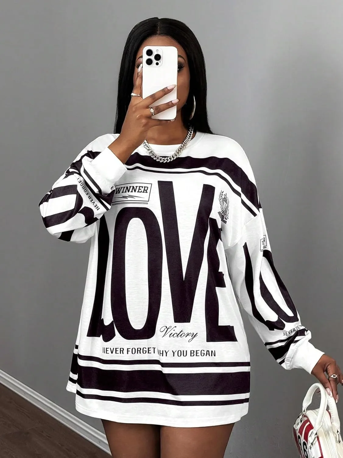 SOLY HUX Women's Retro Oversized T-Shirt Streetwear Long Sleeve Graphic Tees Printed Crewneck Tops