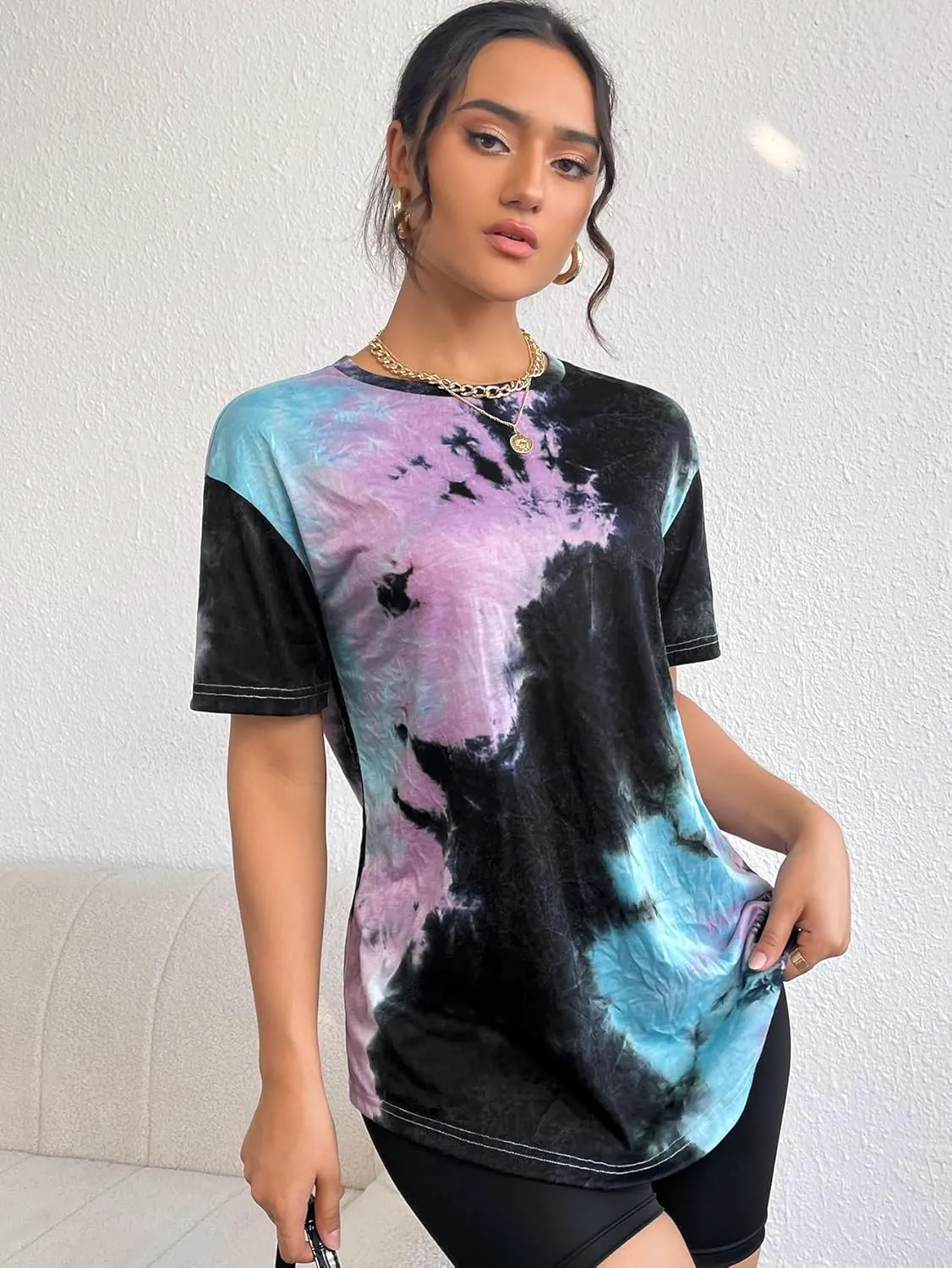 SOLY HUX Women's Tie Dye Shirt Short Sleeve Round Neck Tees Casual T Shirts Summer Tops