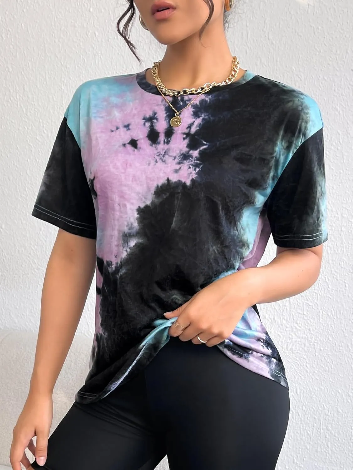SOLY HUX Women's Tie Dye Shirt Short Sleeve Round Neck Tees Casual T Shirts Summer Tops