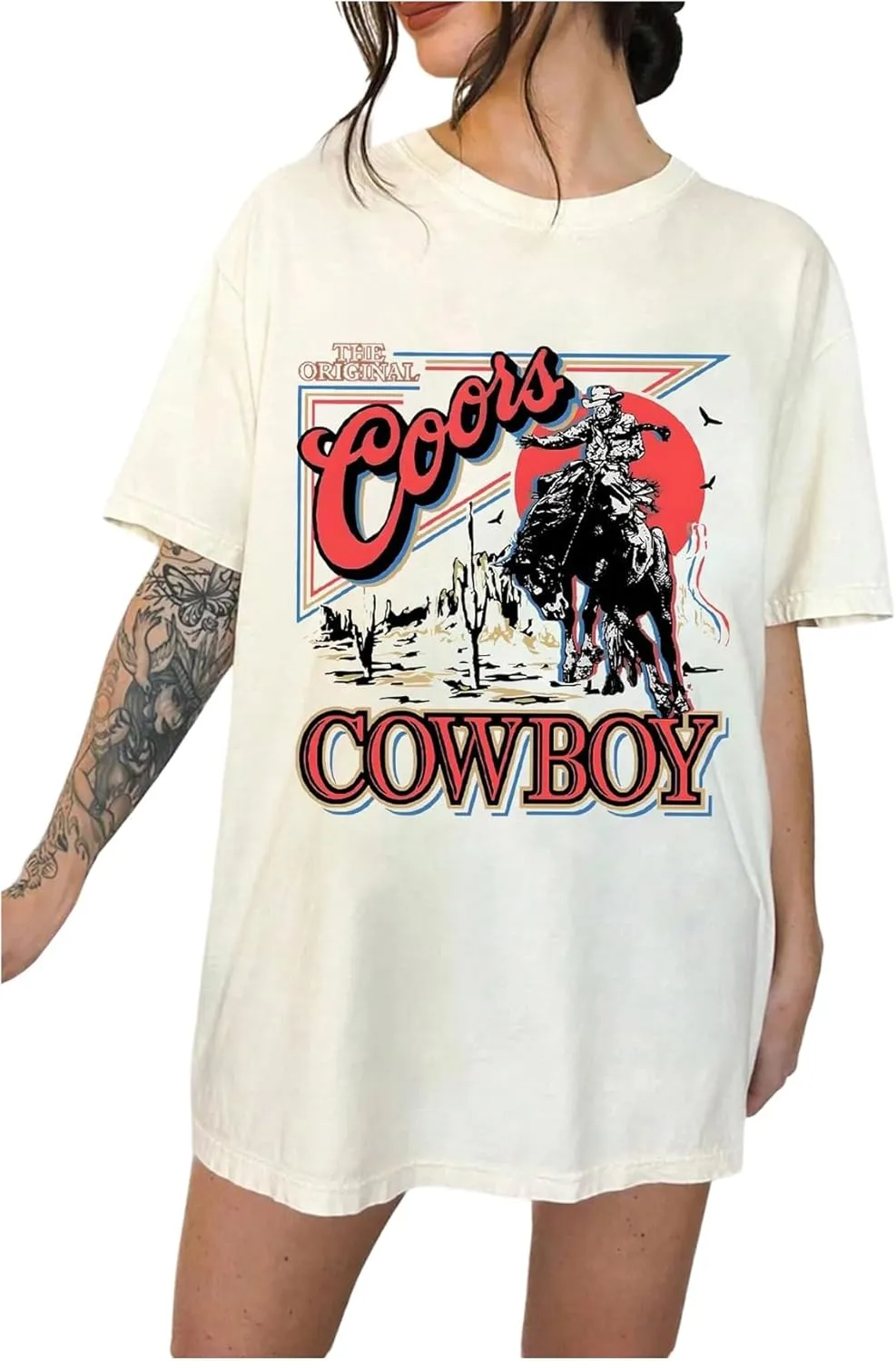 SOLY HUX Women's Vintage Graphic Tees Half Sleeve Cowboy Print Oversized T Shirt Streetwear Summer Tops