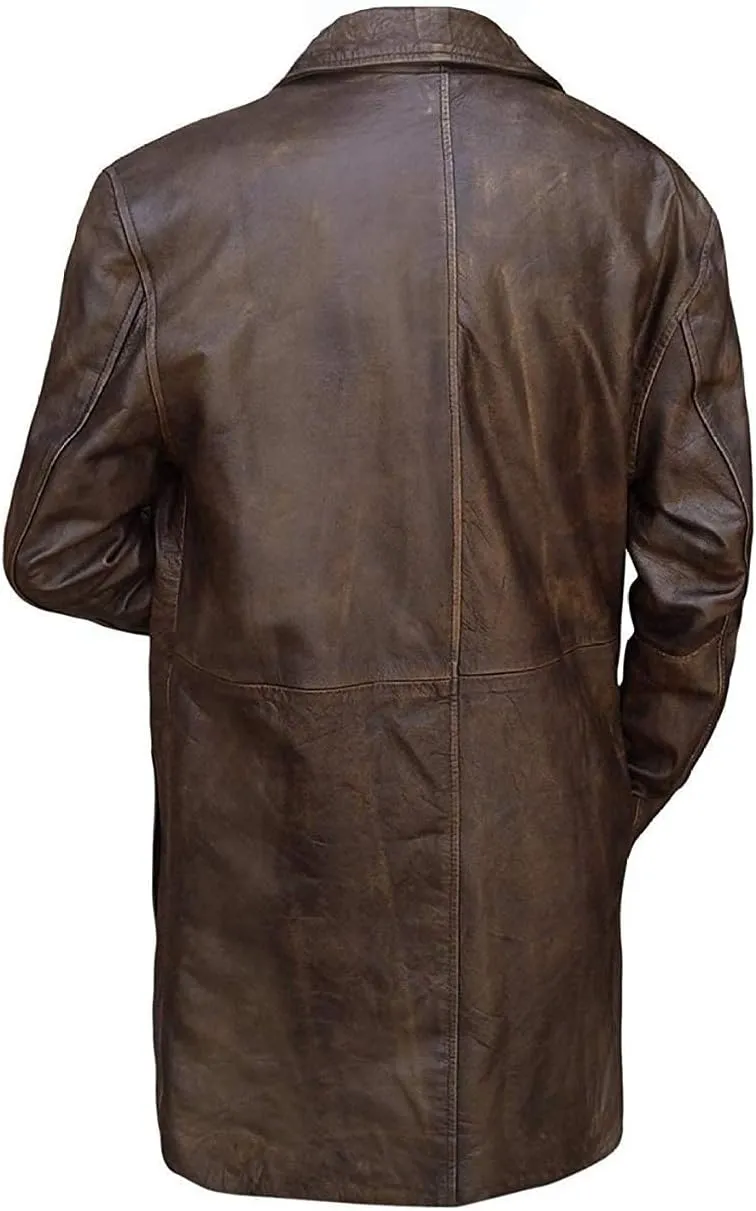 SpazeUp Men's Distressed Brown Leather Coat  3/4 Length Vintage Style Real Leather Jacket Coat for Men