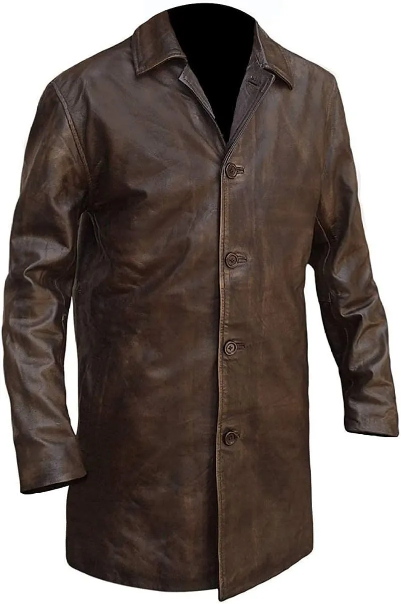 SpazeUp Men's Distressed Brown Leather Coat  3/4 Length Vintage Style Real Leather Jacket Coat for Men