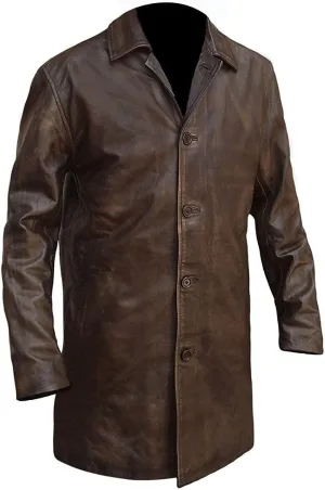 SpazeUp Men's Distressed Brown Leather Coat  3/4 Length Vintage Style Real Leather Jacket Coat for Men