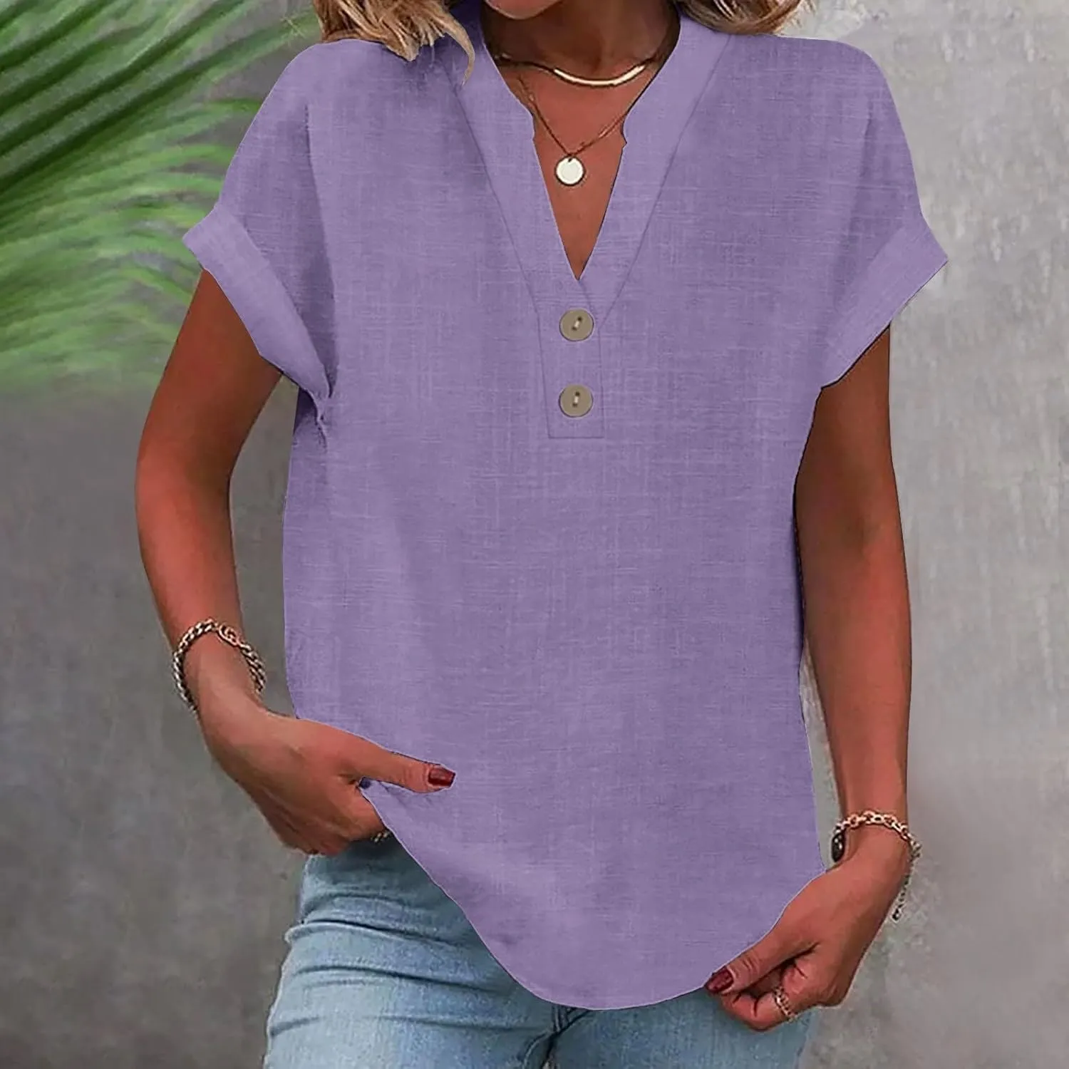 Summer Tops for Women 2025 Trendy Short Sleeve Cotton Linen Shirt Casual Button v Neck Tunic Blouses Outfits
